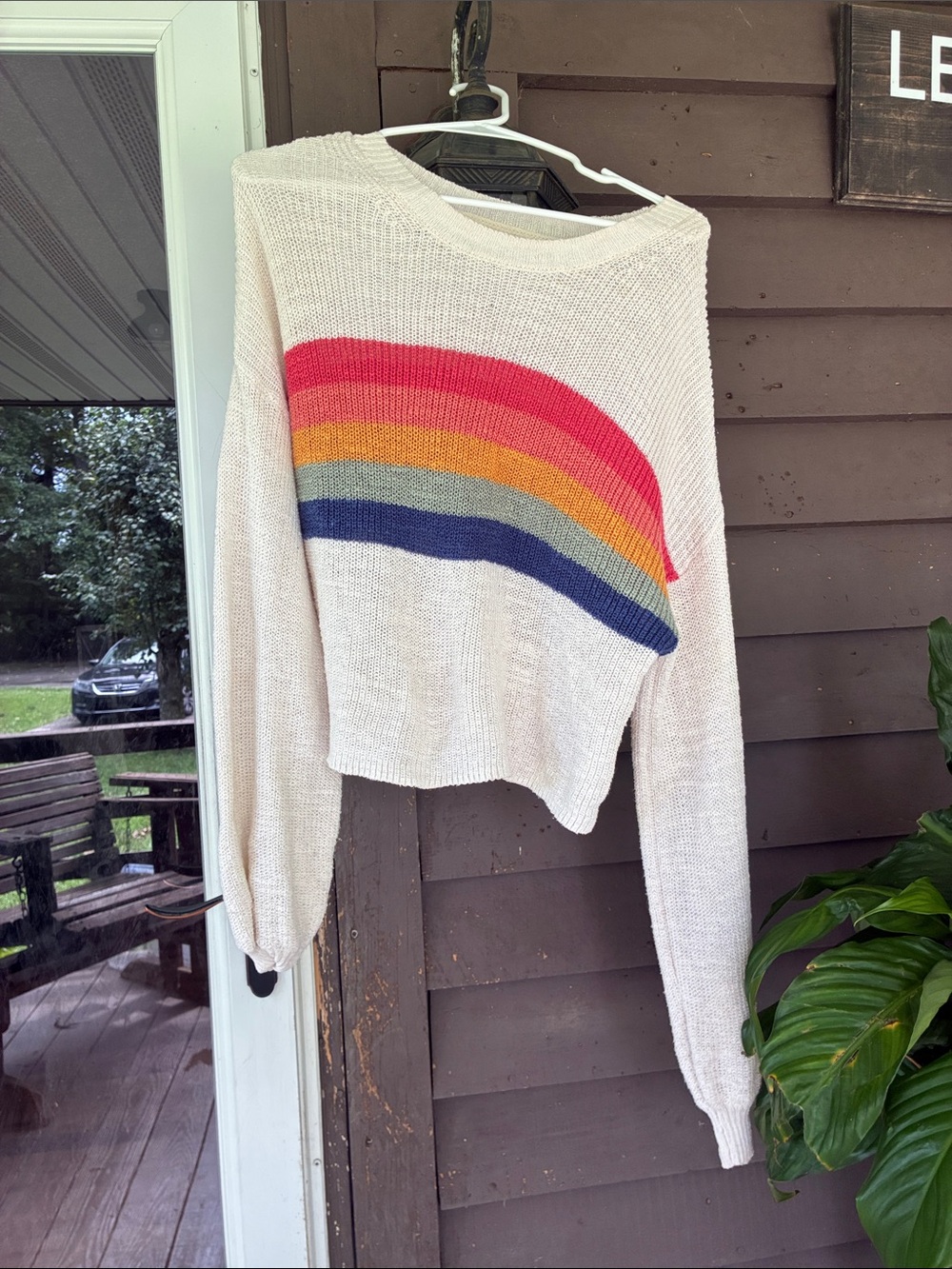 American Eagle Outfitters Cream Cropped Sweater with Rainbow Stripes